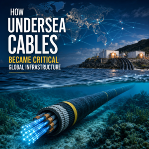 Undersea cables linking continents across the ocean, symbolizing the internet’s hidden global backbone.