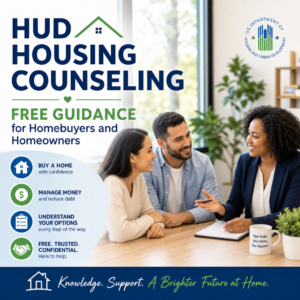 HUD housing counseling logo with text about free guidance for homebuyers and homeowners