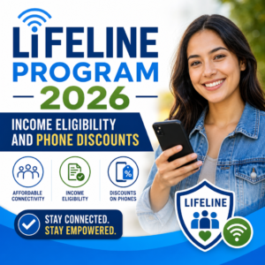 Lifeline Program 2026 graphic about income eligibility and monthly phone and internet discounts