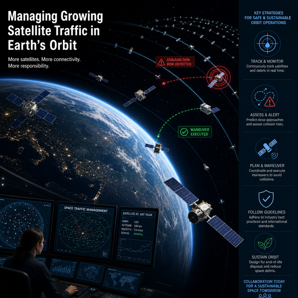 Infographic on managing rising satellite traffic in Earth orbit with collision avoidance and debris control strategies