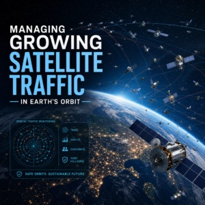 Digital monitoring of growing satellite traffic in Earth’s orbit, showing tracked satellites and congestion
