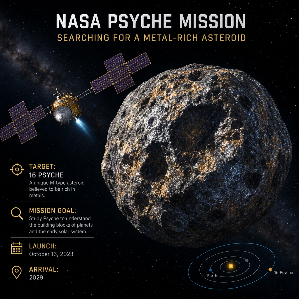 NASA Psyche mission infographic showing the 16 Psyche asteroid, launch in 2023 and arrival in 2029