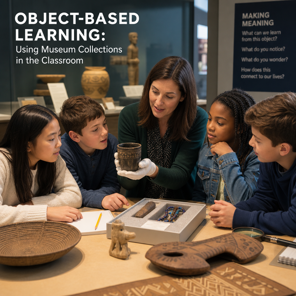 Teacher guiding diverse students as they examine museum artifacts for object-based learning in class