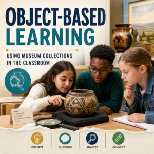 Students examining museum artifacts on a classroom table for object-based learning