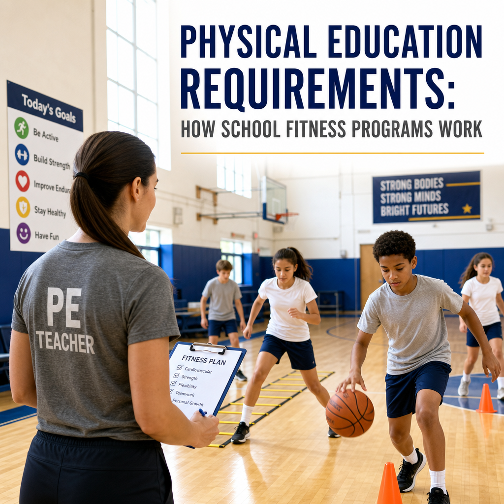 Physical education teacher supervising students doing fitness activities in a school gymnasium