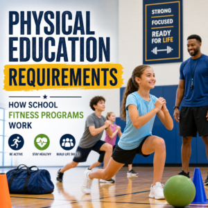 Students in a school gym doing fitness exercises with a coach during physical education class