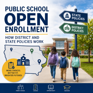 Illustration of public school open enrollment with district and state policy documents for school choice.