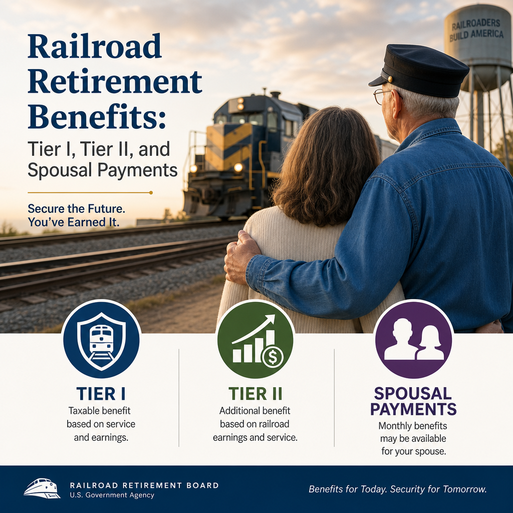 Illustration of railroad retirement benefits with Tier I, Tier II, spousal payments, and a couple watching a train.