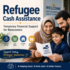 Newcomer family receiving refugee cash assistance for housing, food, and transportation support