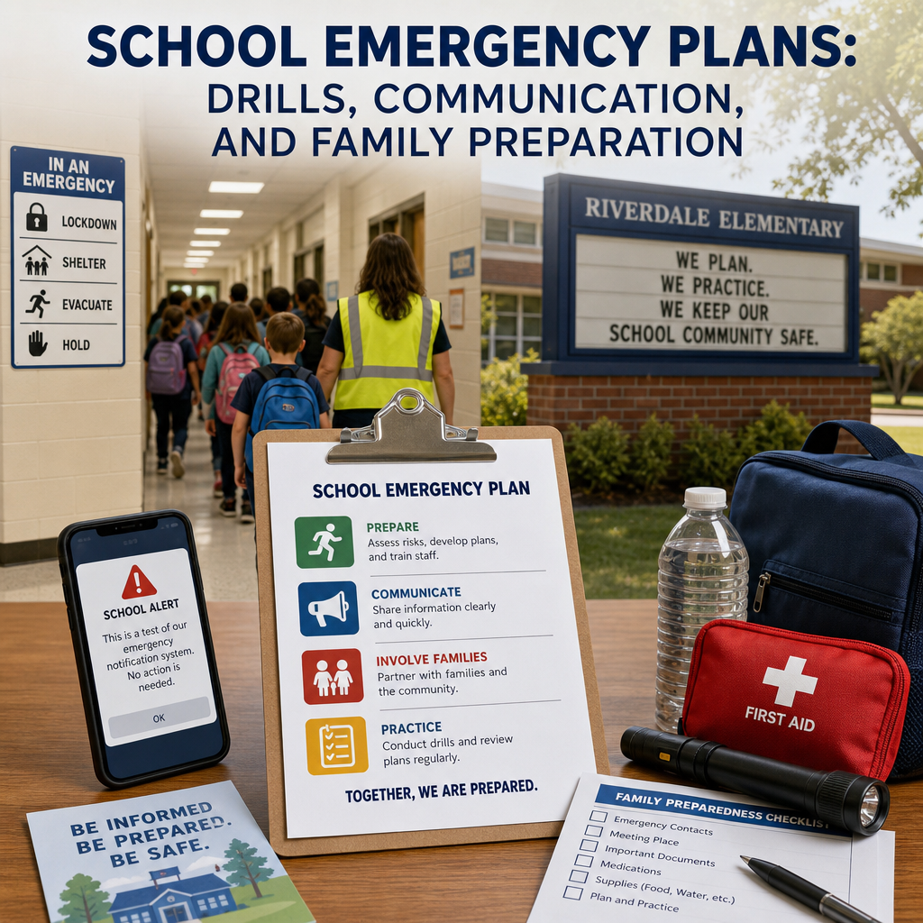 School emergency plan resources for drills, communication, and family preparedness in a school setting