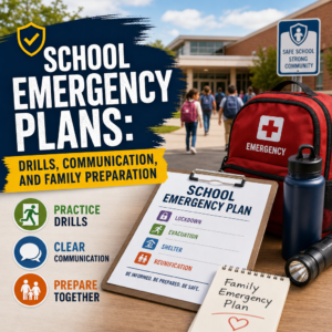 Infographic showing school emergency plan steps: drills, communication, and family preparation for safety