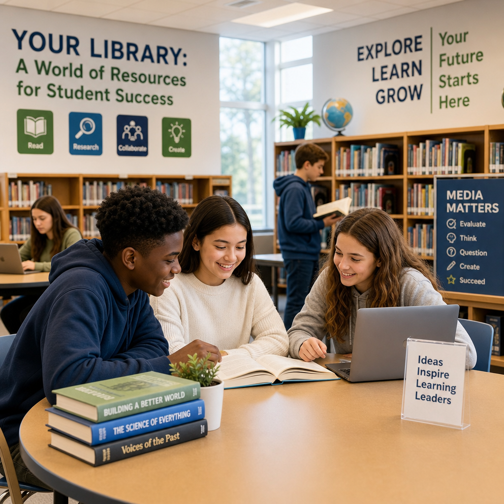 Students studying together in a modern school library with books, laptops, and collaborative workspace.