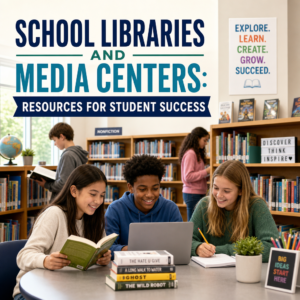 Students studying and collaborating in a vibrant school library media center.