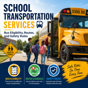 School bus with students and route, schedule, and safety rule icons for transportation services
