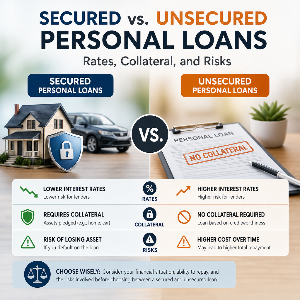 Comparison infographic of secured vs. unsecured personal loans showing rates, collateral, and risk differences