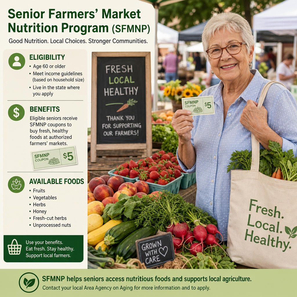 Senior Farmers’ Market Nutrition Program flyer with eligibility details and fresh local produce icons
