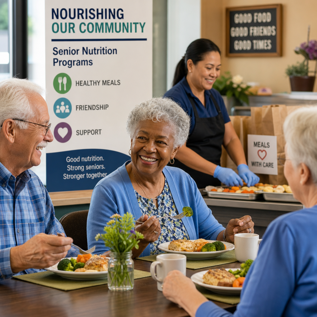 Seniors sharing a nutritious meal together at a community senior nutrition program