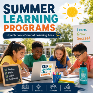 Diverse children learning together in a summer program, building skills and preventing summer learning loss