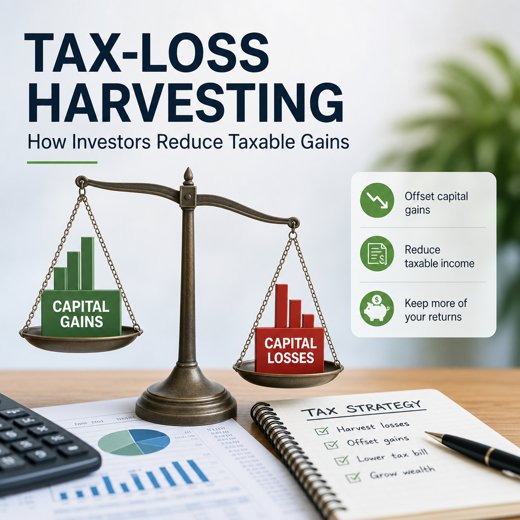 Illustration of tax-loss harvesting with scales balancing capital gains and losses to reduce taxable income