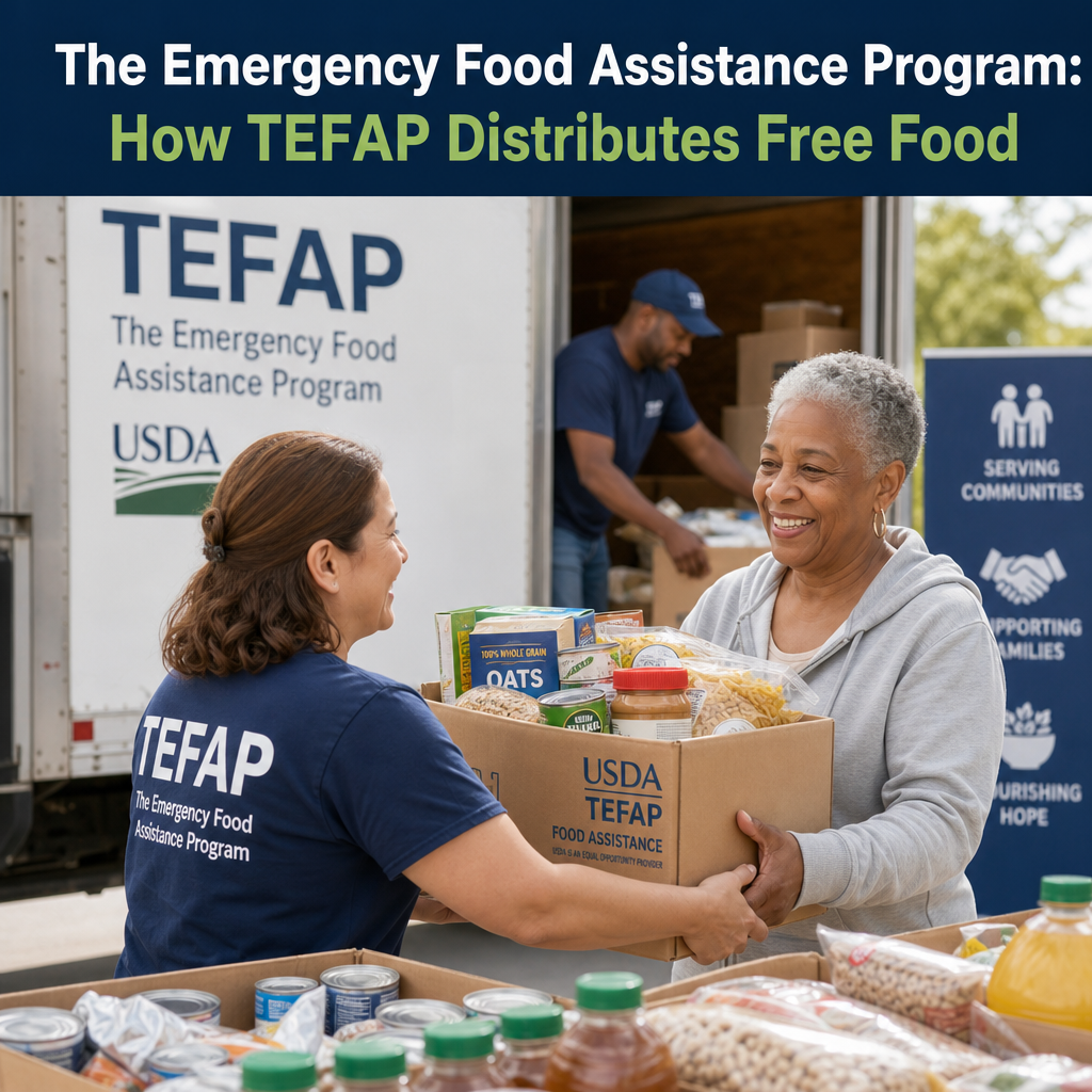 Volunteers distributing free food through TEFAP at a community food pantry