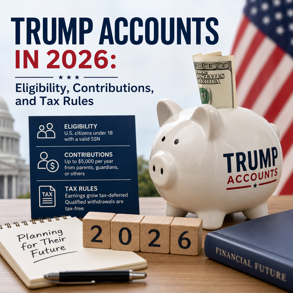 Infographic on Trump Accounts in 2026 showing eligibility, contribution limits, and tax rules for families