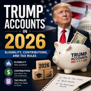 Graphic about Trump Accounts in 2026, covering eligibility, contributions, and tax rules