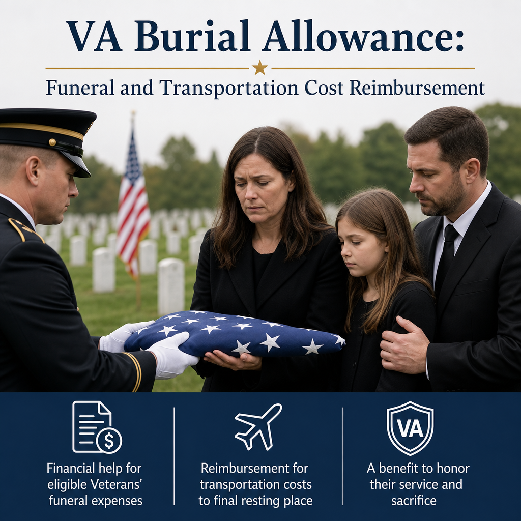 Illustration of VA burial allowance helping reimburse funeral, burial, and transportation costs for veterans