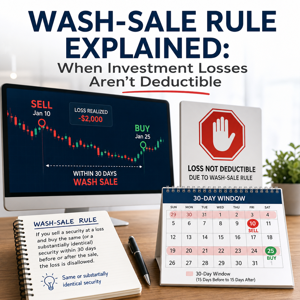 Infographic explaining the wash-sale rule and how repurchasing too soon can make investment losses non-deductible