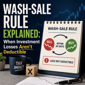 Infographic explaining the wash-sale rule and how quick repurchases can make investment losses nondeductible
