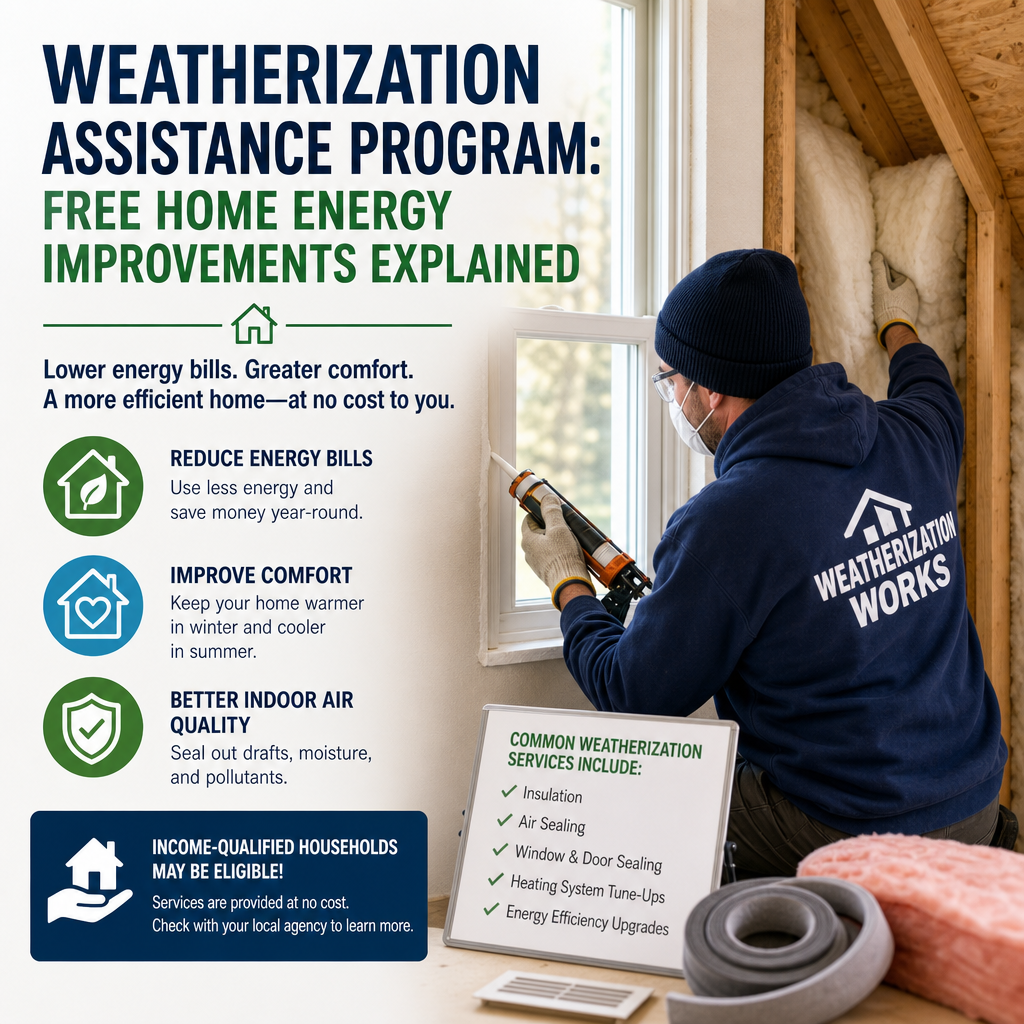 Weatherization Assistance Program graphic showing free home energy upgrades to lower bills and improve comfort