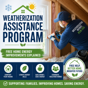 Illustration of a home getting free weatherization upgrades to save energy, lower bills, and improve comfort
