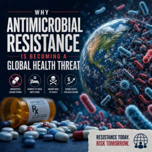 Illustration of antimicrobial resistance spreading worldwide, making infections harder to treat