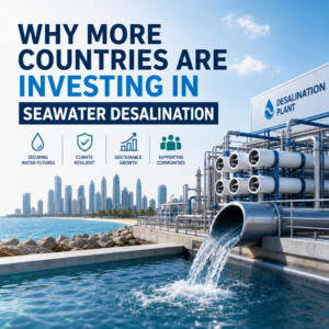 Seawater desalination plant with city skyline, showing global investment in secure water supply