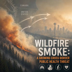 Wildfire smoke drifting from the U.S. into Canada, showing cross-border air pollution and health risk