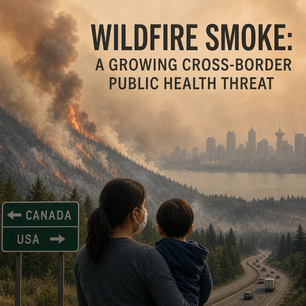 Wildfire smoke drifting across the Canada-U.S. border, highlighting a cross-border air quality threat